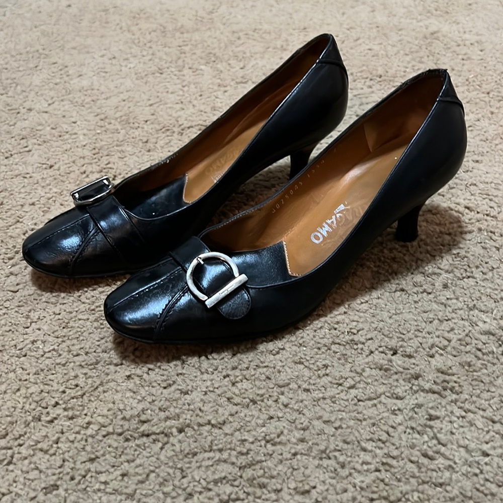 Salvatore Ferragamo kitten heels with silver buckle